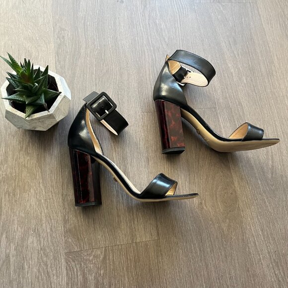 Diane Von Furstenberg Black Leather Sandals with Tortoiseshell Heel Detail - Picture 4 of 13